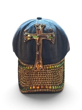 Embellished Denim Cross Baseball Cap - Blue